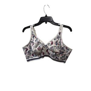 Floral Print Full Coverage Bra White Navy Trim Size 42DD By Cacique